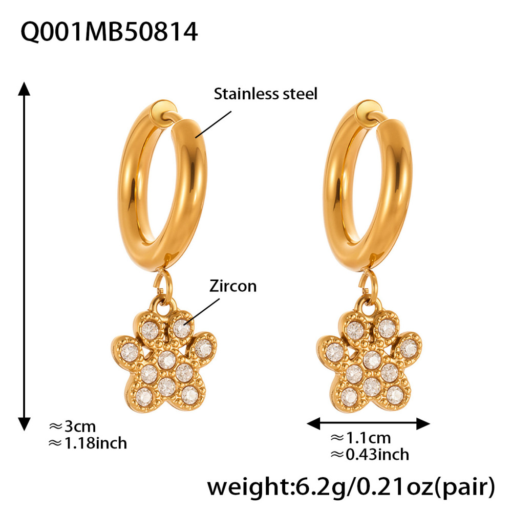 Boucles D'Oreilles Pendantes Pour Femme, En Acier Inoxydable Doré, Ornées De Zircon, Motif Patte De Chien Romantique (1 Paire).