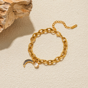 Bracelet À Breloques Classique Lune Pour Femme, En Acier Inoxydable Étanche, Couleur Or (1 Pièce). h5 Image7