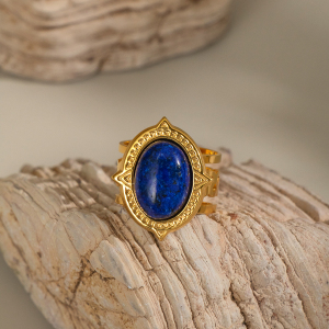 Bague Pour Femme En Acier Inoxydable Doré, Style Rétro, Avec Lignes Ovales Et Pierre Naturelle. h5 Image5