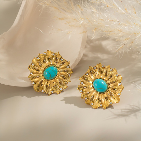 1 paire de boucles d'oreilles puces Daily Flower en calaïte, acier inoxydable, couleur or, pour femme.