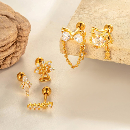 Boucle D'Oreille Piercing En Forme De Nœud Papillon En Cuivre Doré Et Zircon