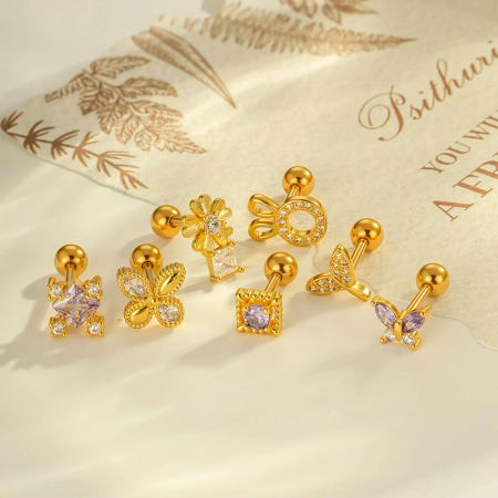 Boucle d'oreille piercing en forme de fleur, couleur cuivre et or, zircone