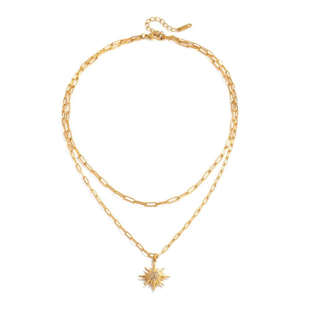 Collier À Plusieurs Rangs Élégant Pour Femme, En Acier Inoxydable Doré, Étanche, Avec Motif Soleil (1 Pièce)