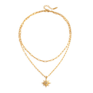 Collier À Plusieurs Rangs Élégant Pour Femme, En Acier Inoxydable Doré, Étanche, Avec Motif Soleil (1 Pièce) h5