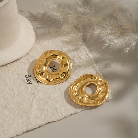 1 paire de boucles d'oreilles clous rondes en acier inoxydable imperméables, motif martelé 2