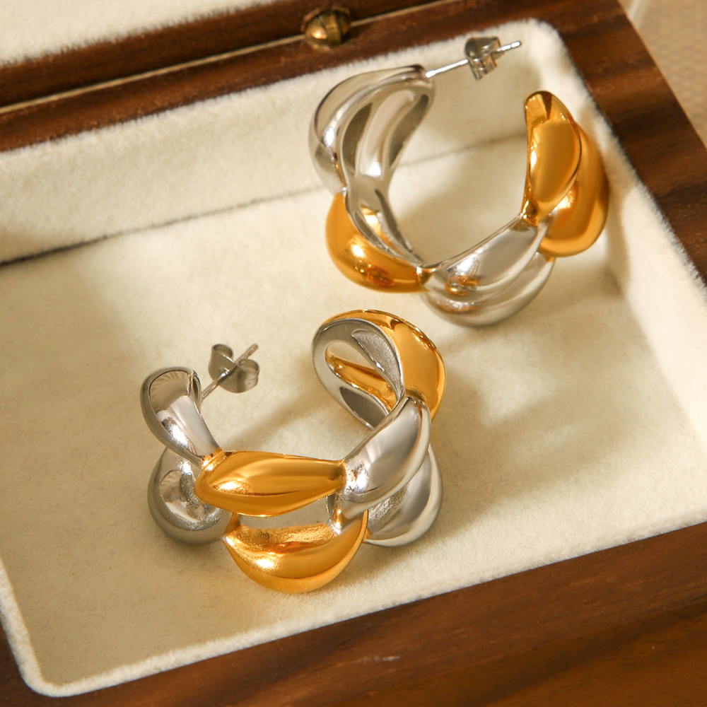 1 Paire De Boucles D'Oreilles À Tige Pour Femme, Forme Irrégulière, Couleurs Or Et Argent Mélangées Image6