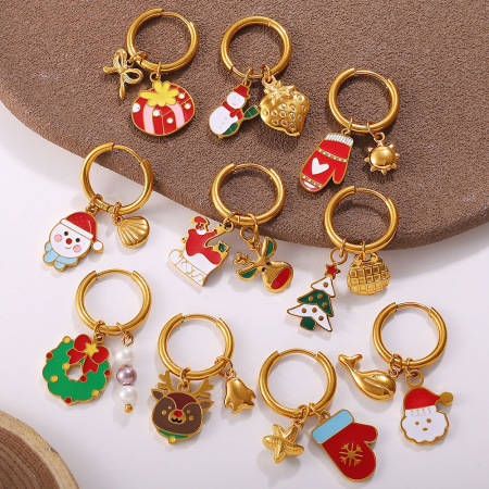 1 paire de boucles d'oreilles pendantes de Noël en acier inoxydable étanche, couleur or