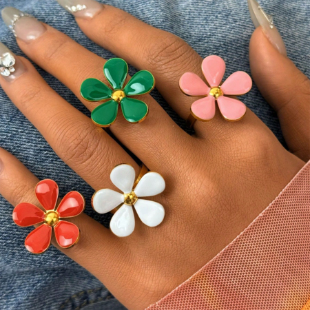 Bague femme simple, rétro, à motif floral, en acier inoxydable étanche (1 pièce)