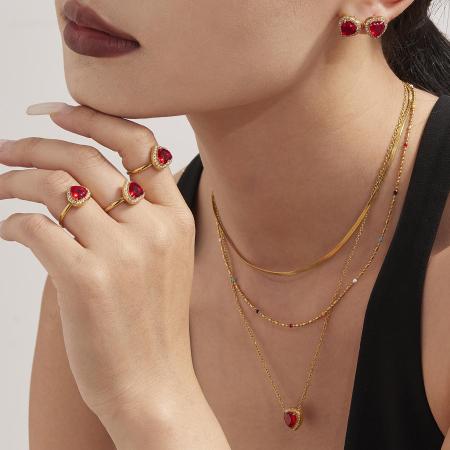 Ensembles de bijoux pour femmes en acier inoxydable étanches avec zircon rouge en forme de cœur