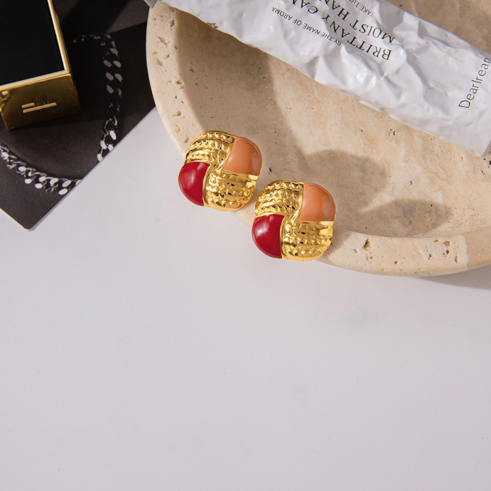 1 Paire De Boucles D'Oreilles Puces Luxueuses À Carreaux Multicolores En Acier Inoxydable, Couleur Or, Étanches. Image3