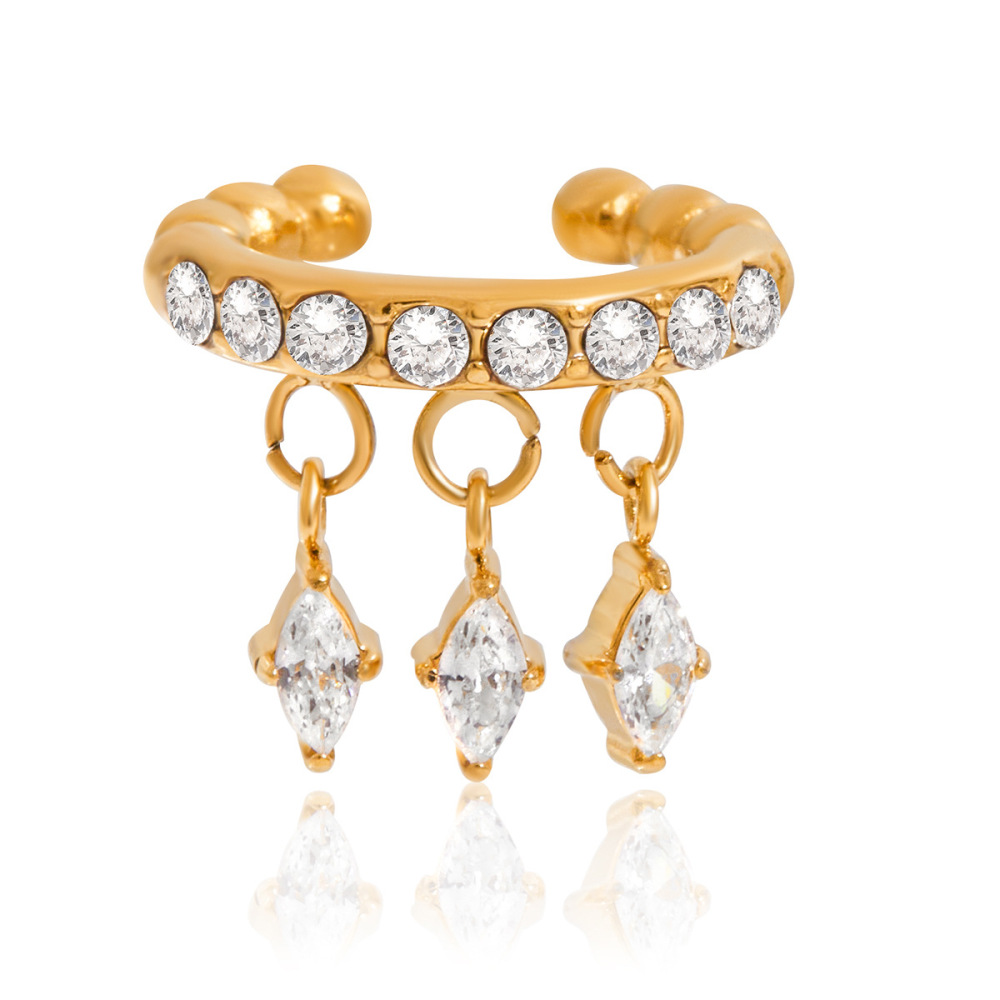Boucle D'Oreille Manchette Élégante En Acier Inoxydable Imperméable Avec Pompon En Forme De Losange Et Zircon Pour Femme (1 Pièce) 