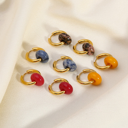1 paire de boucles d'oreilles pendantes vintage rondes en acier inoxydable doré étanche avec pierre naturelle pour femme