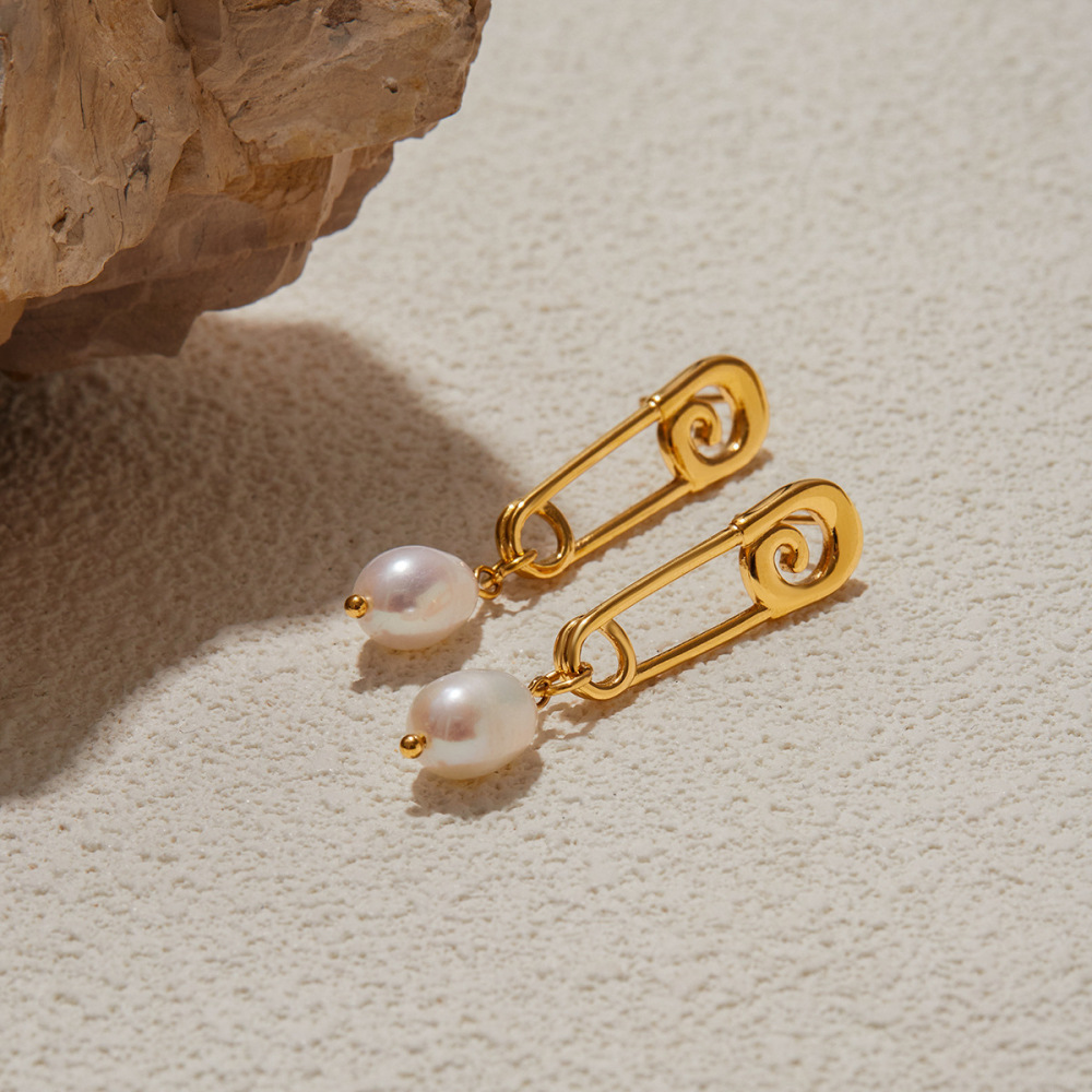 Boucles D'Oreilles Pendantes Pour Femme, Style Trombone Classique, En Acier Inoxydable Étanche, Couleur Or (1 Paire). Image5