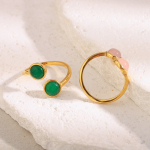Bague Classique Ronde Pour Femme En Acier Inoxydable, Étanche, Couleur Or, Avec Pierre Naturelle (1 Pièce). h5 Image4