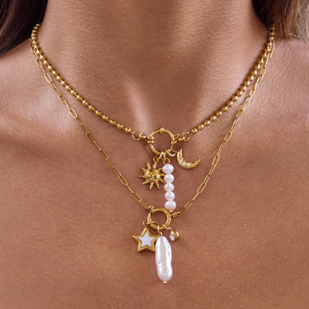 Collier pendentif femme exquis en forme de cœur et de soleil, en acier inoxydable étanche couleur or et perle (1 pièce) 2