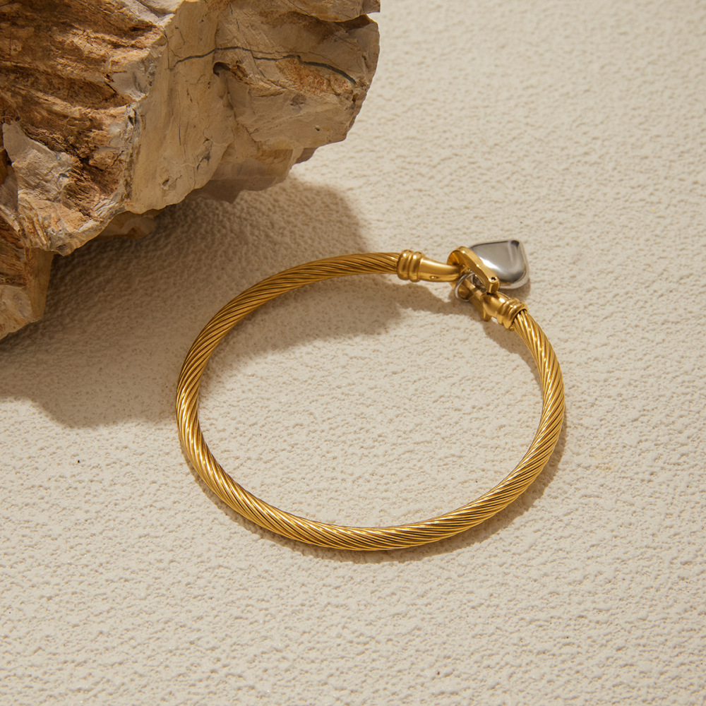 Bracelet Jonc Femme Simple En Forme De Cœur, En Acier Inoxydable, Étanche, Couleur Or Et Argent Image7