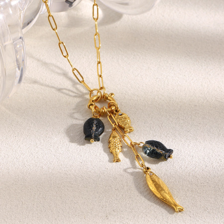 Collier pendentif femme romantique en acier inoxydable, couleur or, motif poisson (1 pièce) 2