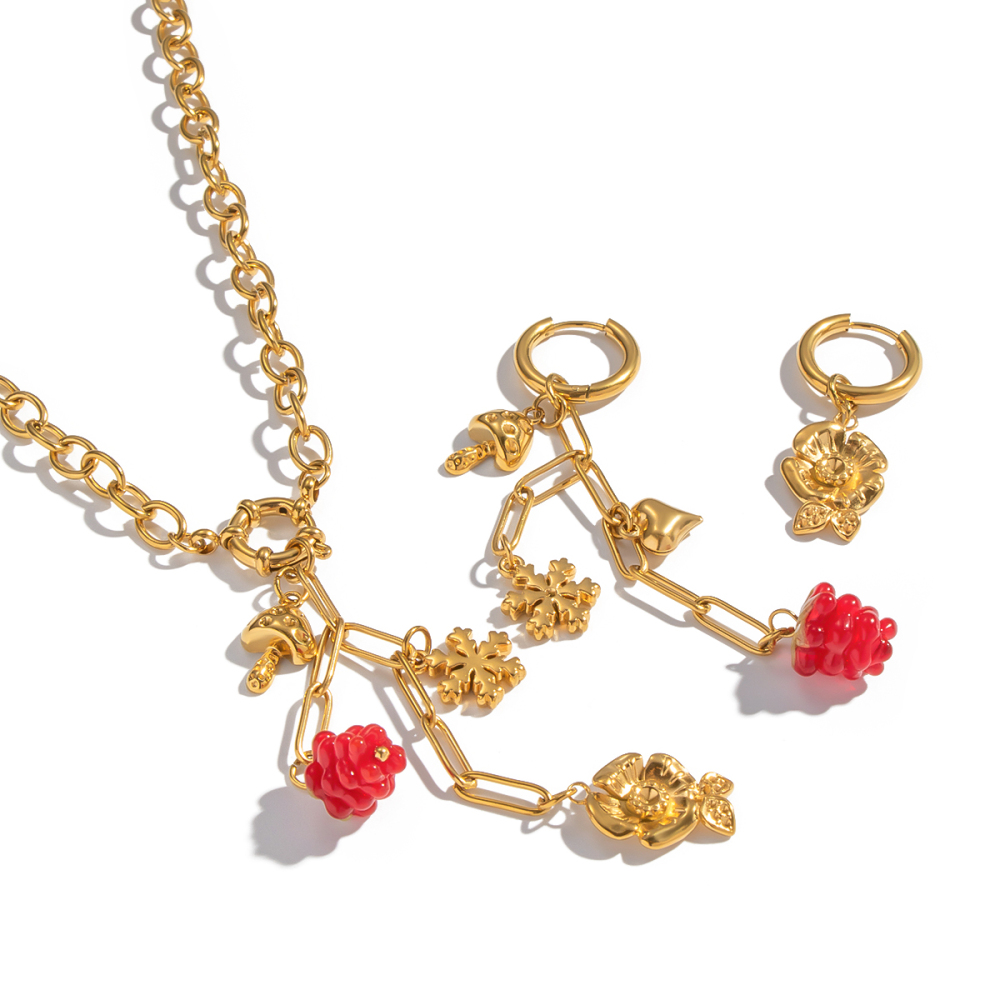 Ensemble De Colliers Romantiques En Acier Inoxydable Doré Avec Motif De Fleurs Et De Raisins, Imperméables. Image6