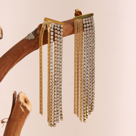 Boucles d'oreilles de soirée pour femme, 1 paire, en acier inoxydable doré imperméable avec pompon et zircon. 2