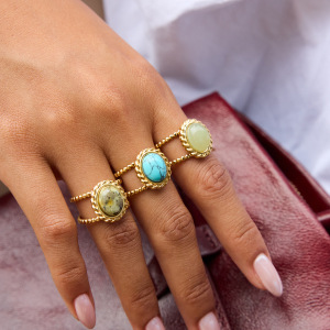 Ensembles De Bijoux Pour Femmes En Perles De Calaïte Annulaires, Acier Inoxydable, Couleur Or, Étanches h5 Image4