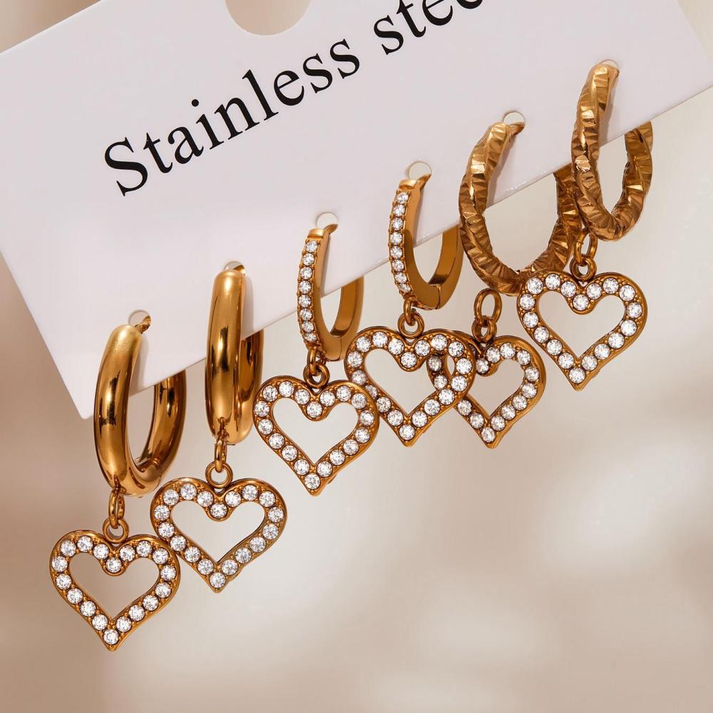 1 Paire De Boucles D'Oreilles Pendantes Pour Femme, En Acier Inoxydable Doré, Ornées De Zircon Et Serties D'Un Cœur Exquis. Image5