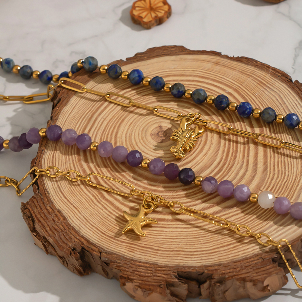 Collier En Acier Inoxydable Étanche Couleur Or Avec Perles De Pierre Naturelle (1 Pièce) Image2