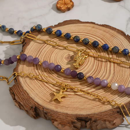Collier en acier inoxydable étanche couleur or avec perles de pierre naturelle (1 pièce) 2