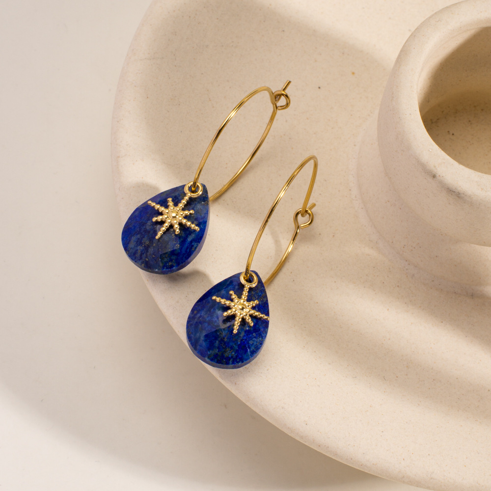 Boucles D'Oreilles Pendantes Pour Femme, En Acier Inoxydable Imperméable, Forme Simple Et Irrégulière, Serties De Pierres Naturelles (1 Paire). Image2