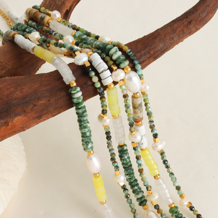 Collier de perles pour femme, 1 pièce, en acier inoxydable imperméable, couleur or, avec pierres naturelles 2