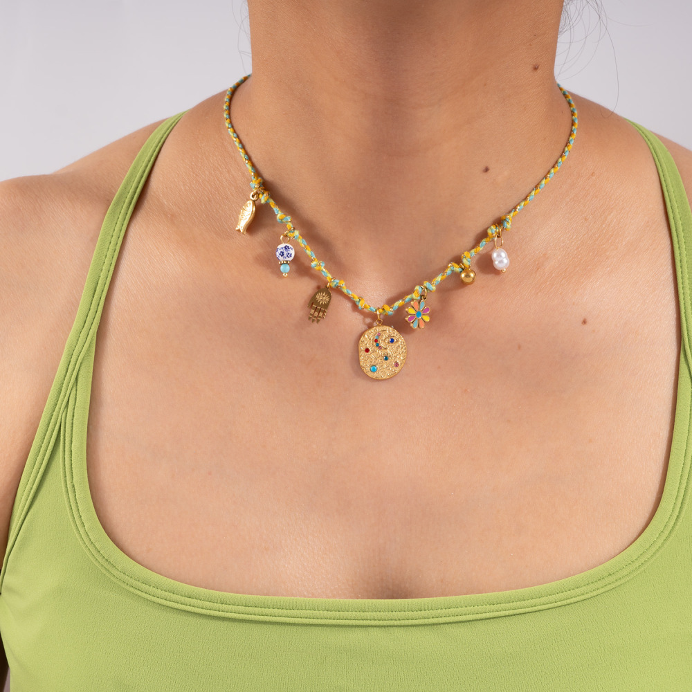 Collier Tressé Pour Femme, En Acier Inoxydable, Couleur Or, Avec Motif Floral Éclatant (1 Pièce) Image5