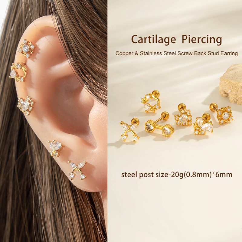 Boucle D'Oreille Piercing En Forme De Cœur, Nœud Papillon, Cuivre, Couleur Or Et Zircon Image4