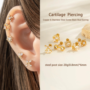 Boucle D'Oreille Piercing En Forme De Cœur, Nœud Papillon, Cuivre, Couleur Or Et Zircon h5 Image4