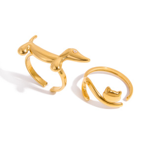 Bague Fantaisie Chien Et Chat En Acier Inoxydable Étanche Couleur Or (1 Pièce) h5 Image7