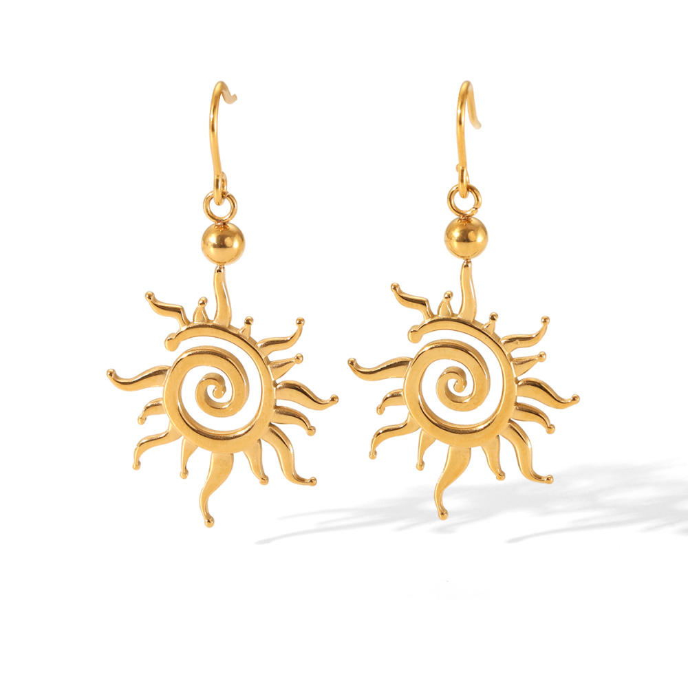 Boucles D'Oreilles Pendantes Minimalistes En Acier Inoxydable Doré, Imperméables, Motif Soleil, Pour Femme (1 Paire). 