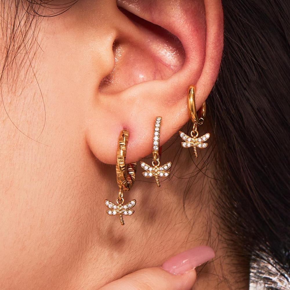 1 Paire De Boucles D'Oreilles Pendantes Pour Femme, En Acier Inoxydable Doré, Ornées De Zircon Et Représentant Une Libellule. Elles Sont Imperméables. Image5