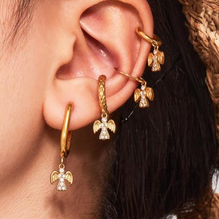 1 paire de boucles d'oreilles pendantes classiques en acier inoxydable, étanches, couleur or, avec zircon.