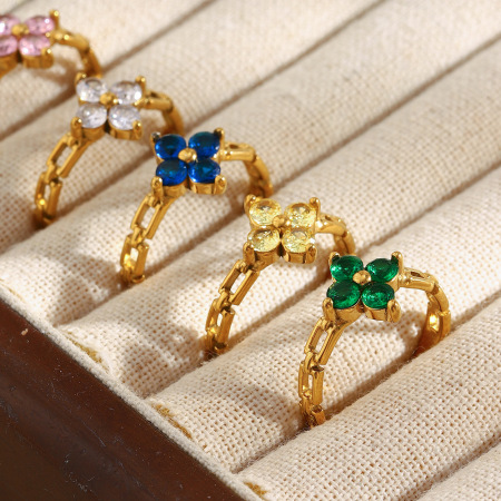 Bague élégante pour femme en acier inoxydable doré, ornée d'un zircon et d'une fleur (1 pièce). 2