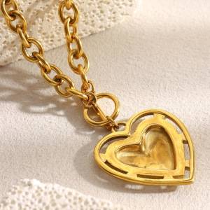 Collier Pendentif Femme En Acier Inoxydable Doré, Délicat, En Forme De Cœur (1 Pièce) h5 Image5