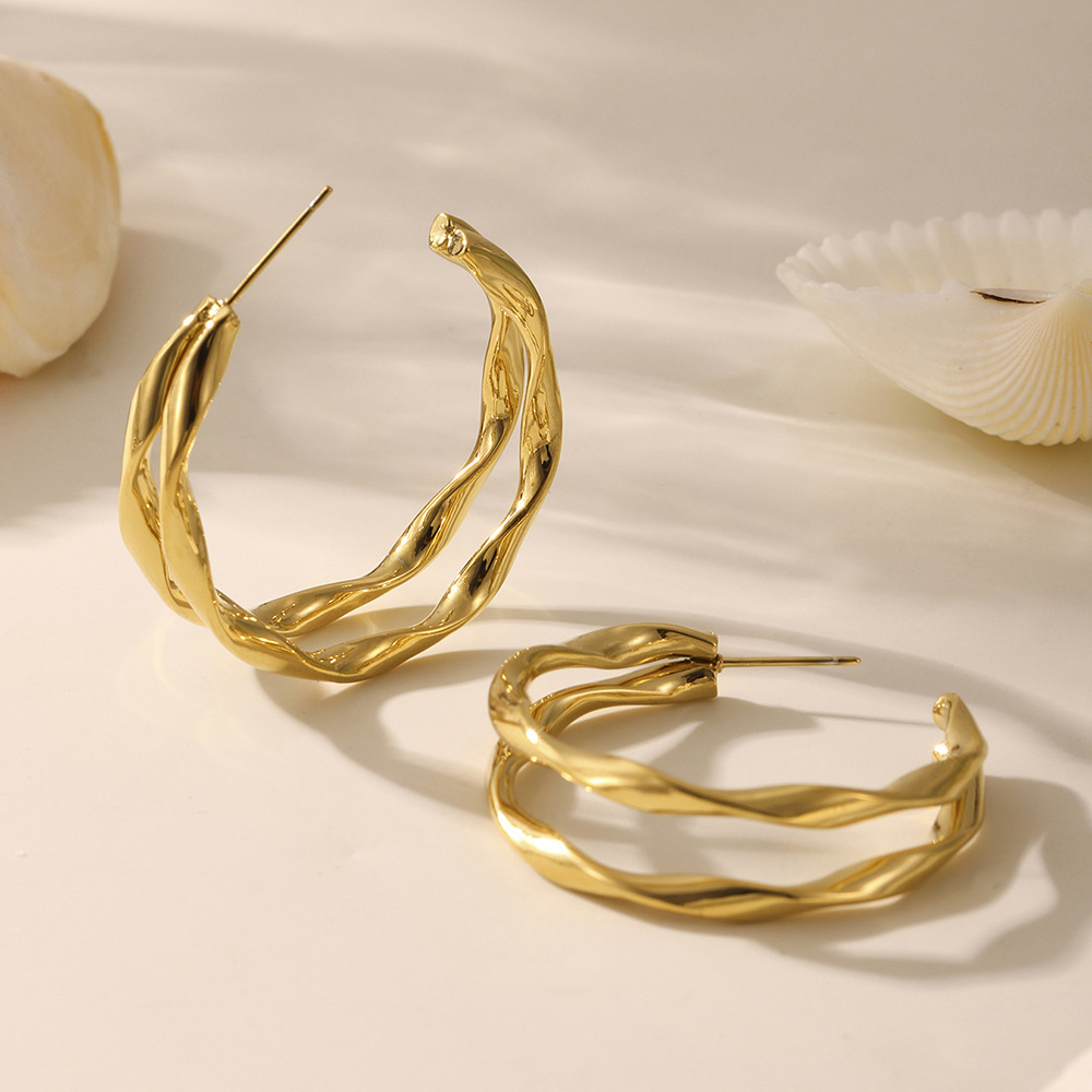 1 Paire De Boucles D'Oreilles Créoles Double Cercle En Acier Inoxydable Étanche Couleur Or Pour Femme h5Image5