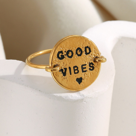 Bague tendance Daily Good Vibes en acier inoxydable étanche couleur or (1 pièce) 2