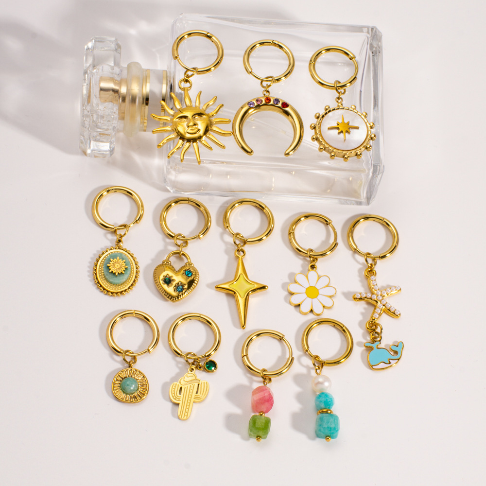 Boucles D'Oreilles Pendantes Pour Femme, En Acier Inoxydable Étanche, Motif Fleur Douce Et Soleil, Collection Romantique (1 Pièce). Image2