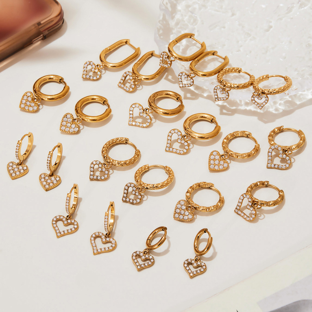1 Paire De Boucles D'Oreilles Pendantes Pour Femme, En Acier Inoxydable Doré, Ornées De Zircon Et Serties D'Un Cœur Exquis. Image2