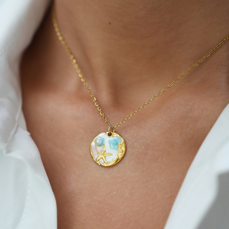 Collier pendentif femme 1 pièce en acier inoxydable étanche couleur or, motif cercle océanique