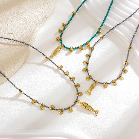 Collier élégant pour femme en acier inoxydable, couleur or, avec perles et motif poisson (1 pièce) 2