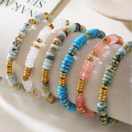 Bracelet rétro pour femme en perles de pierre naturelle, acier inoxydable, couleur or, étanche (1 pièce). 2