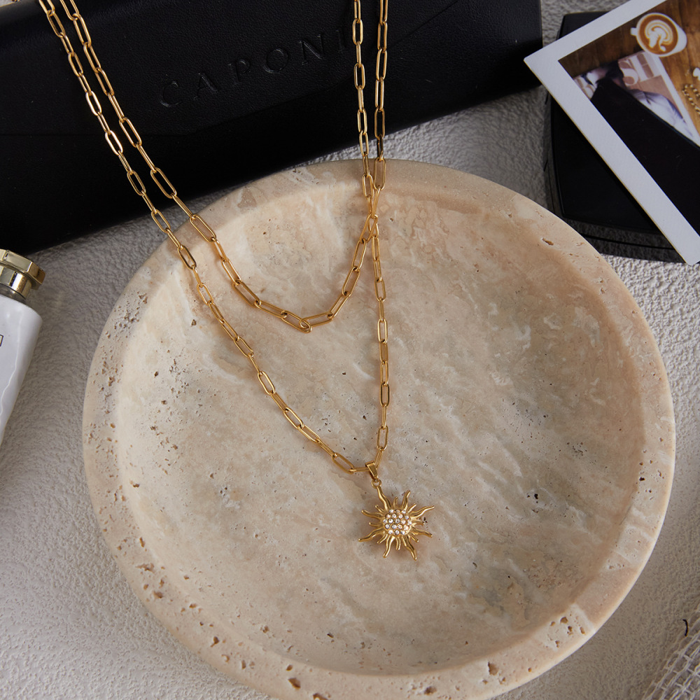 Collier À Plusieurs Rangs Élégant Pour Femme, En Acier Inoxydable Doré, Étanche, Avec Motif Soleil (1 Pièce) Image5