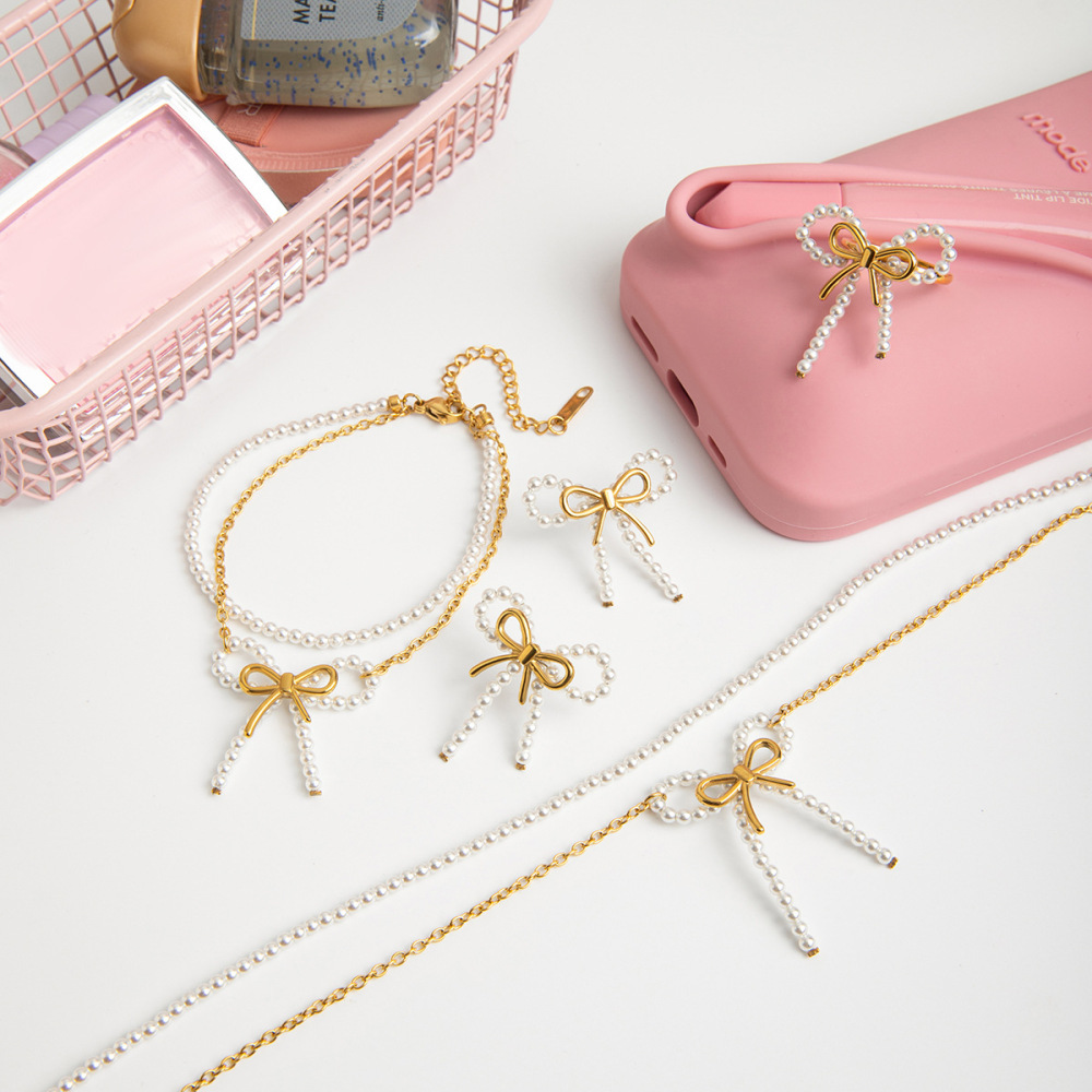 Ensembles De Bijoux Pour Femmes En Acier Inoxydable Imperméable Avec Nœud Papillon, Série Romantique, Couleur Or Image2