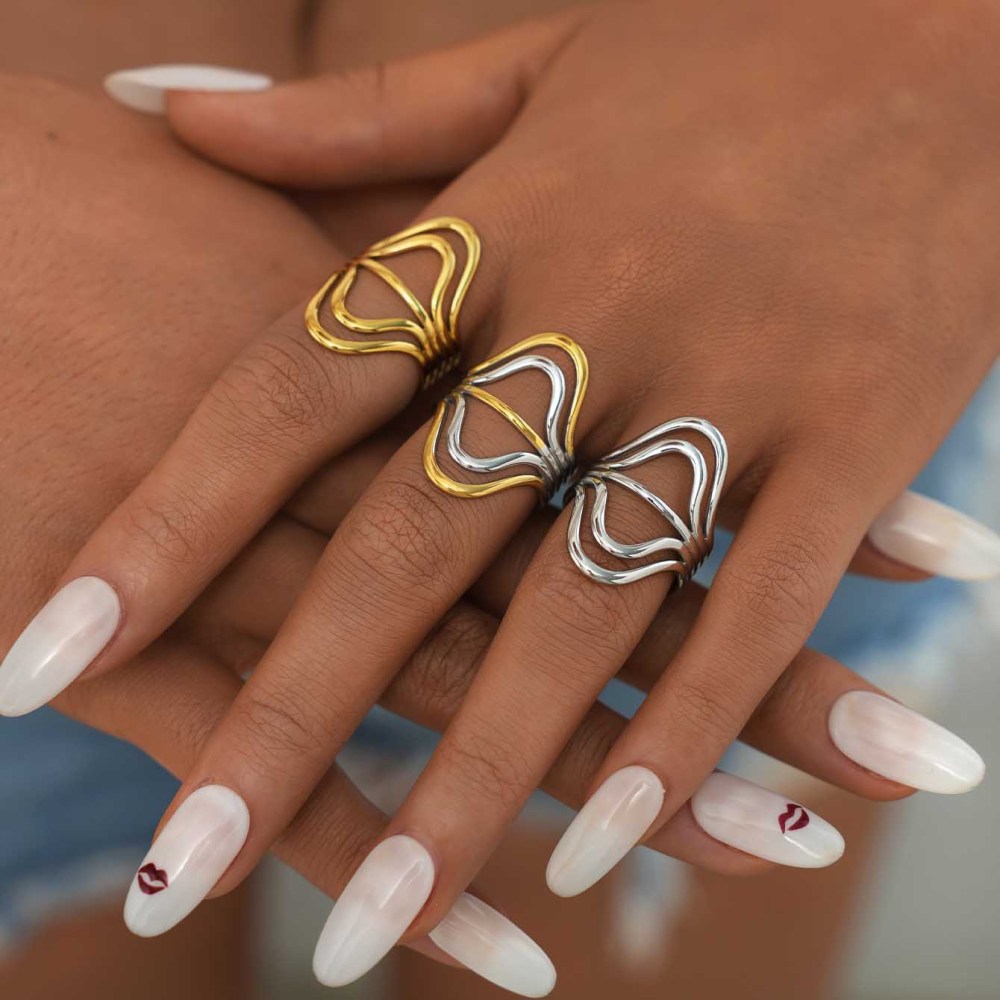Bague Femme Tendance, Style Décontracté, Lignes Irrégulières, En Acier Inoxydable, Couleur Or, Étanche. Image6