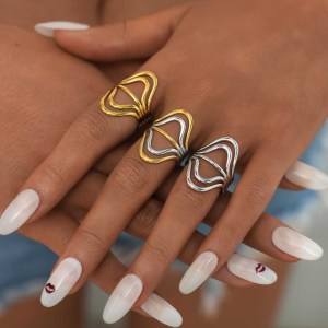 Bague Femme Tendance, Style Décontracté, Lignes Irrégulières, En Acier Inoxydable, Couleur Or, Étanche. h5 Image6