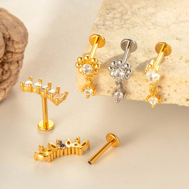 Boucle D'Oreille Piercing En Zircon Couleur Or Et Cuivre, 1 Pièce, Fleur Et Lune Image3